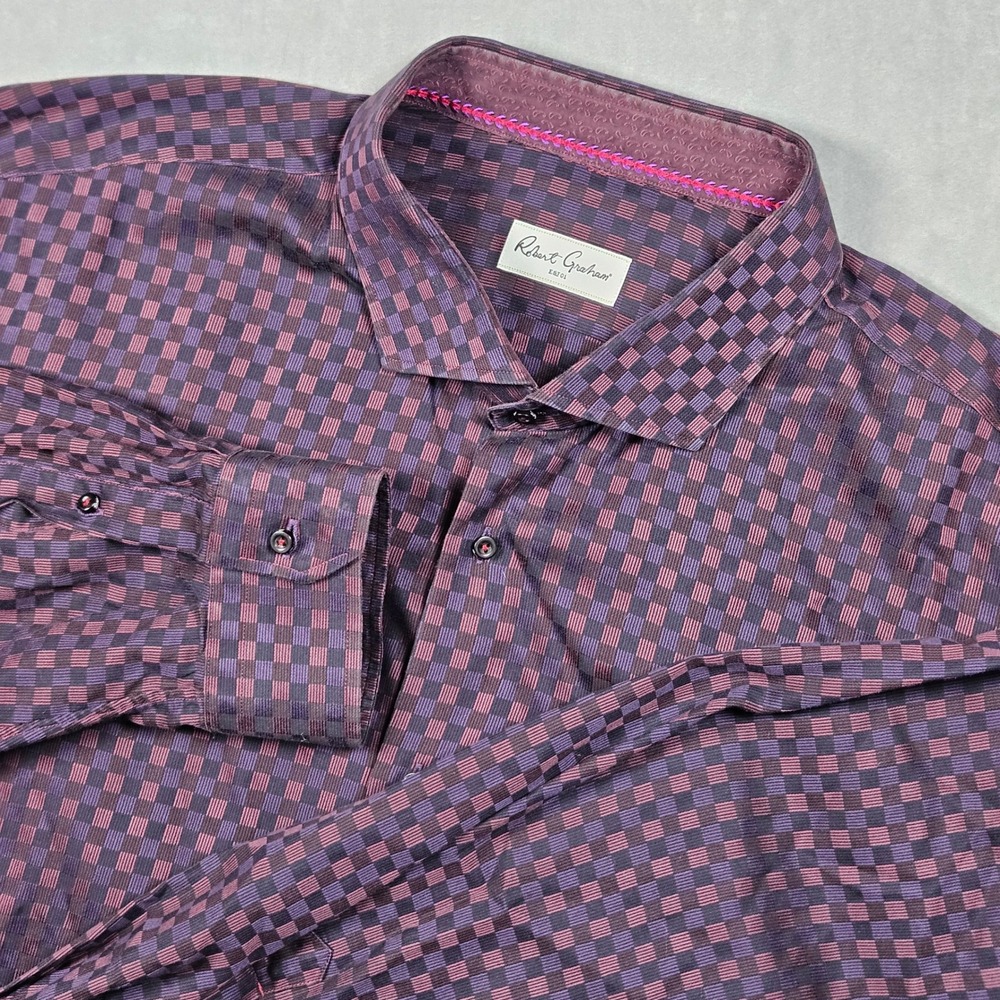 Robert Graham Shirt Mens 20 34/35 Big Purple Checkered Long Sleeve Button Up